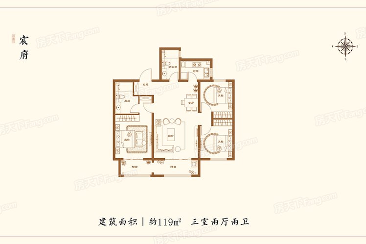 高层B户型 3室2厅2卫1厨 建筑面积：119.00㎡