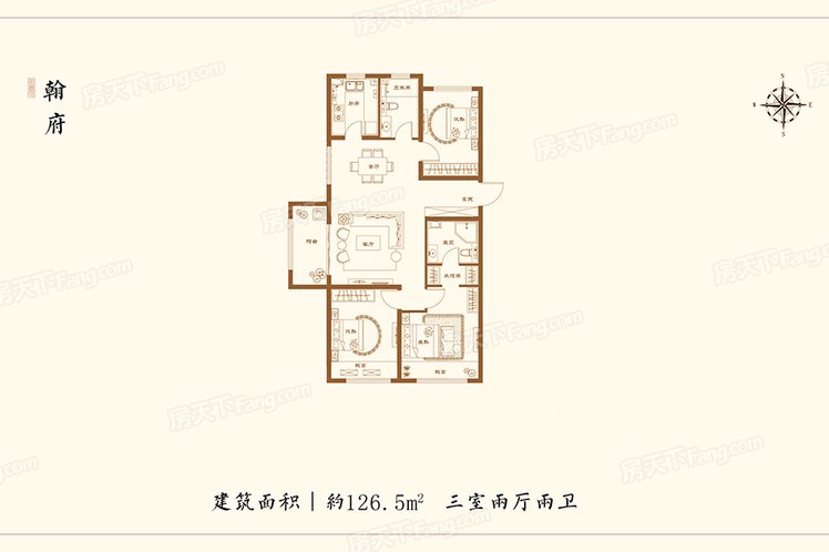 高层C户型 3室2厅2卫1厨 建筑面积：126.50㎡