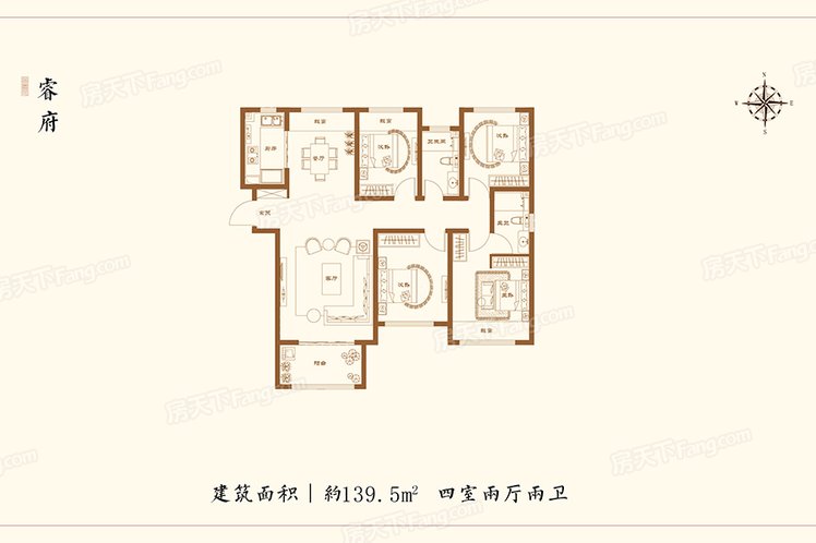 高层A户型 4室2厅2卫1厨 建筑面积：139.50㎡