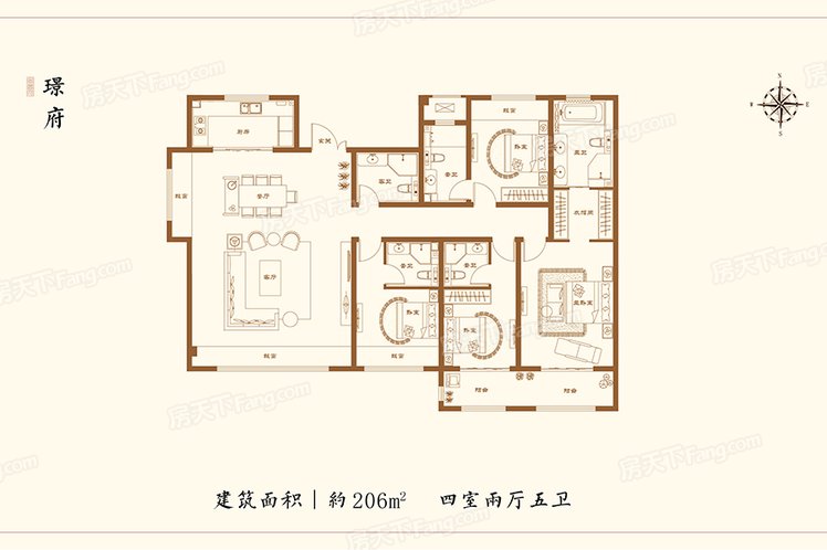 洋房206㎡户型 4室2厅5卫1厨